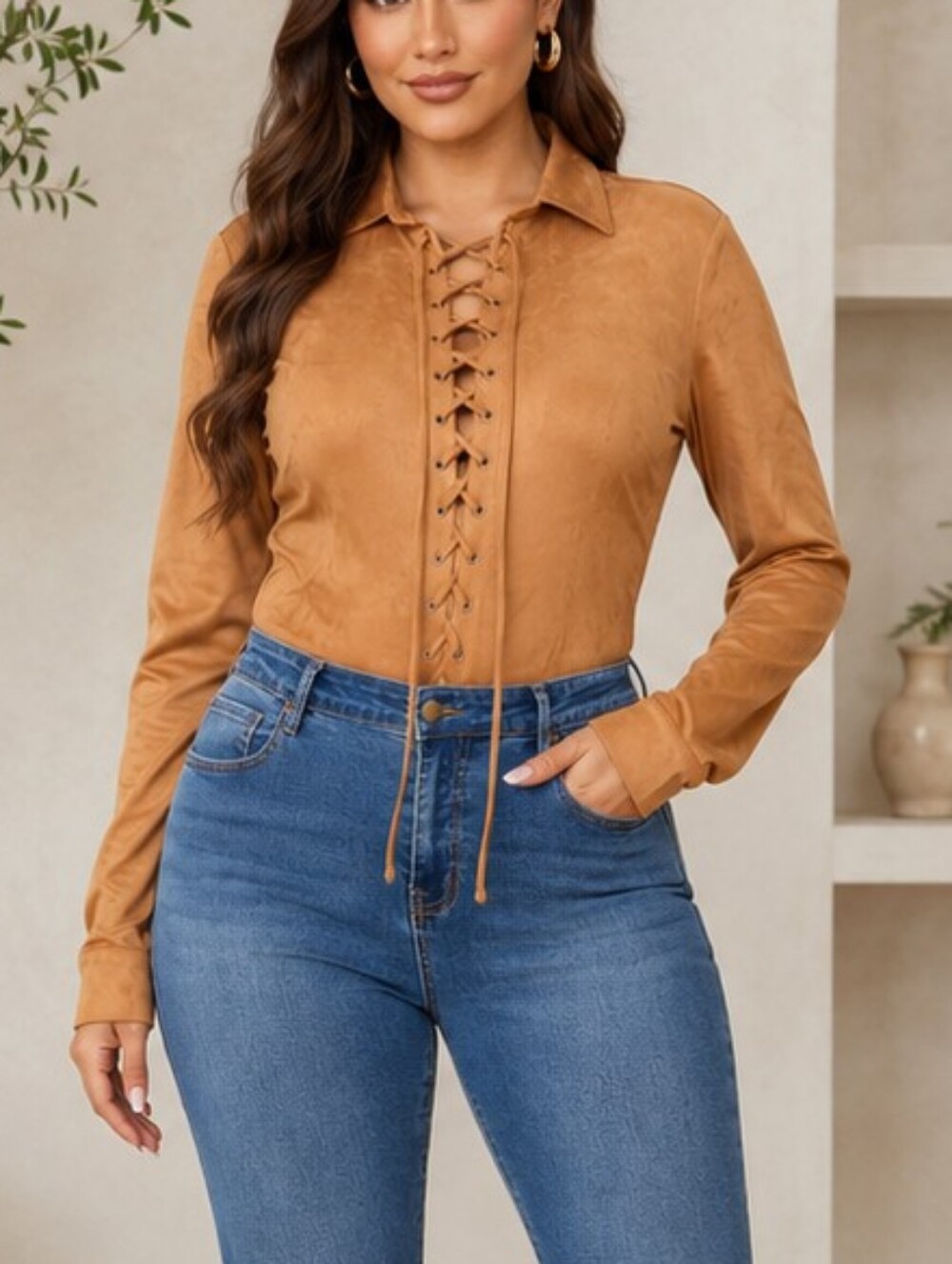 Fashion Nova River Long Sleeve Lace-Up Bodysuit – Camel | Size Large | NWT